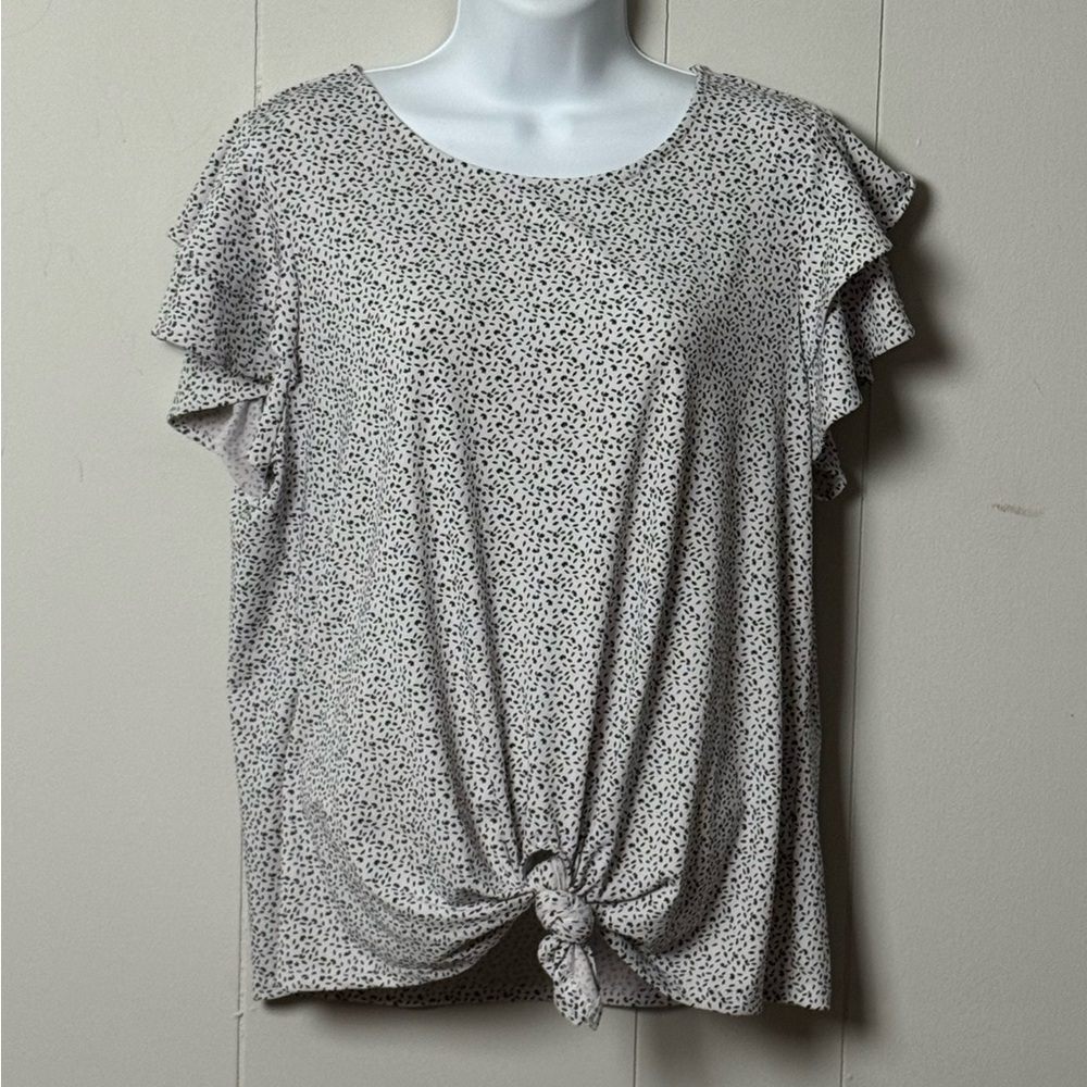 Adrianna Papell Women’s Black & White Ruffle Short Sleeve Blouse Tie Front Sz L